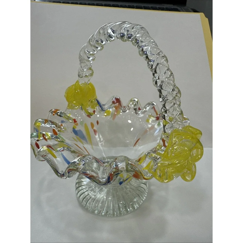 Vintage Hand Blown Art Glass Basket Confetti Spatter Ruffled Yellow Floral 6